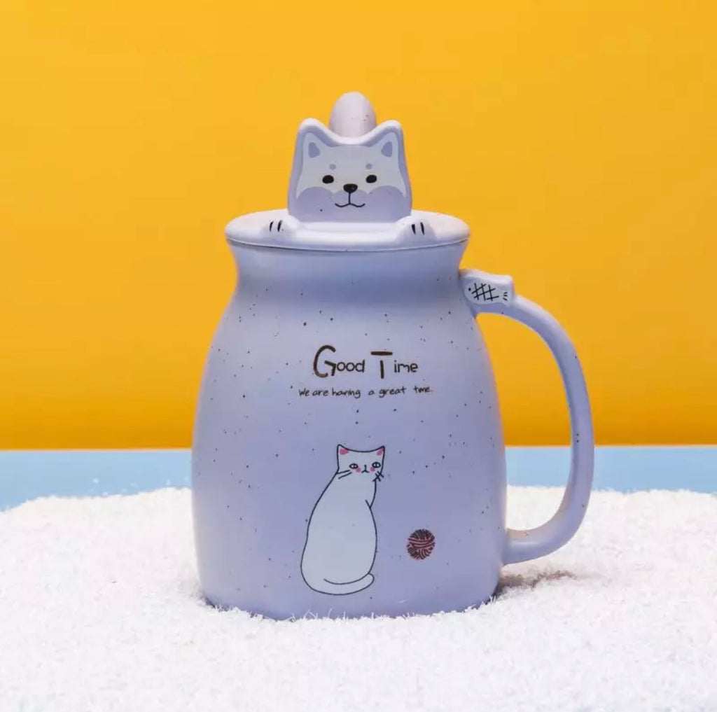 Cat Mugs Cute Ceramic Coffee Tea Cup with Lid and spoon In Assorted Colours