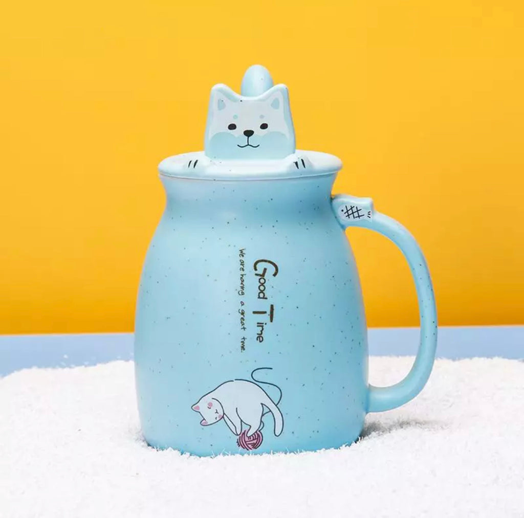Cat Mugs Cute Ceramic Coffee Tea Cup with Lid and spoon In Assorted Colours
